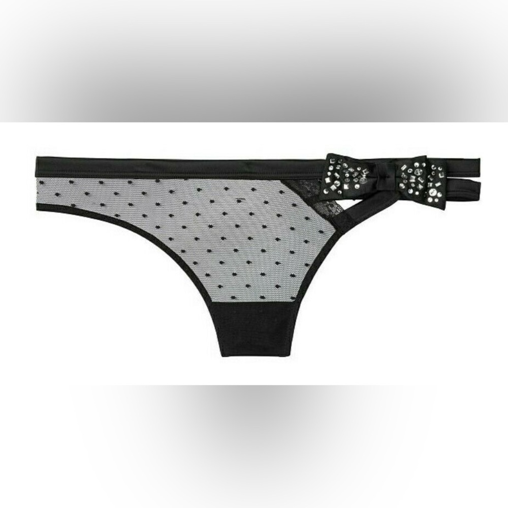 Victoria’s Secret satin mesh rhinestone bow double strap thong panty NWT